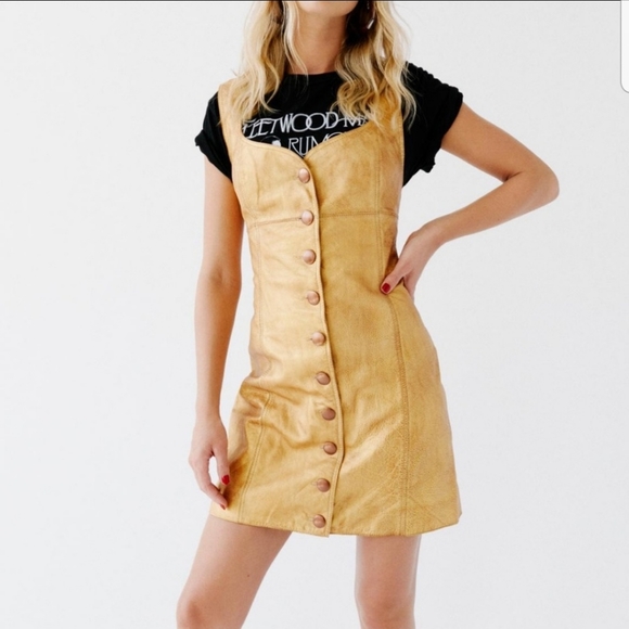 Free People yellow Gold cow Leather button Jumper Party sleeveless mini Dress - Picture 1 of 11
